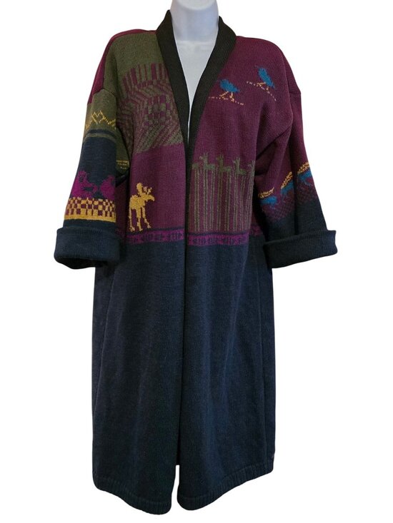 Unknown Sweaters - Colorful Birds & Moose Patterned Long Knit Sweater Cardigan ski warm winter